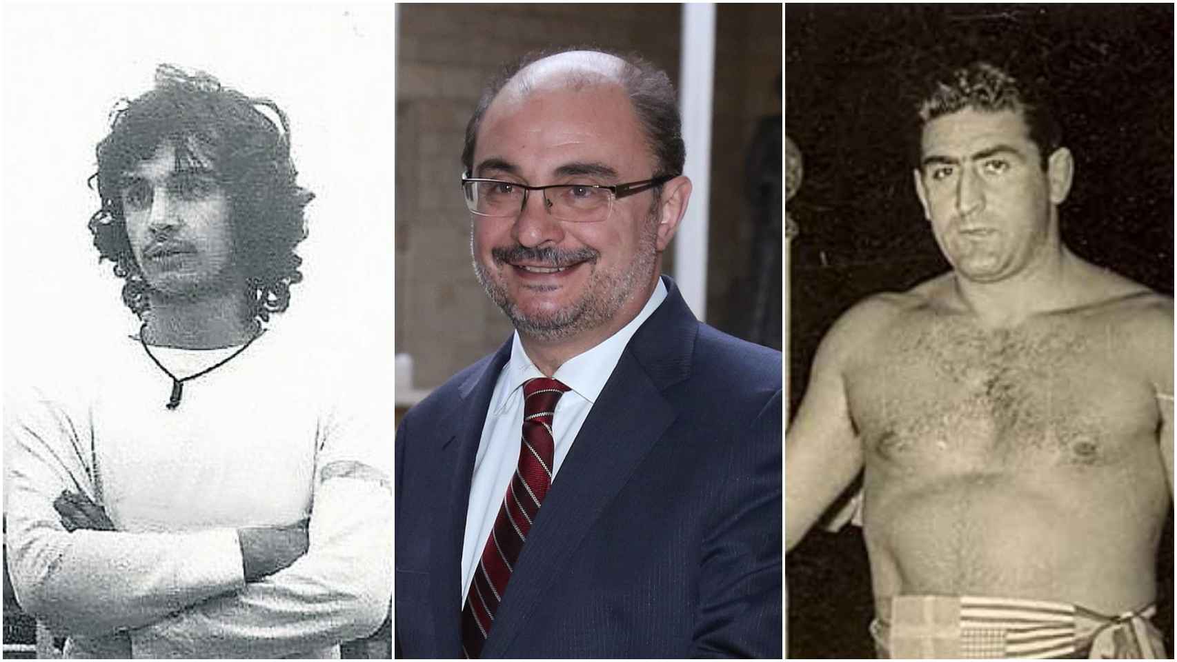 Javier Lambán, de izquierda a derecha: de futbolista, de político y su tío luchador.