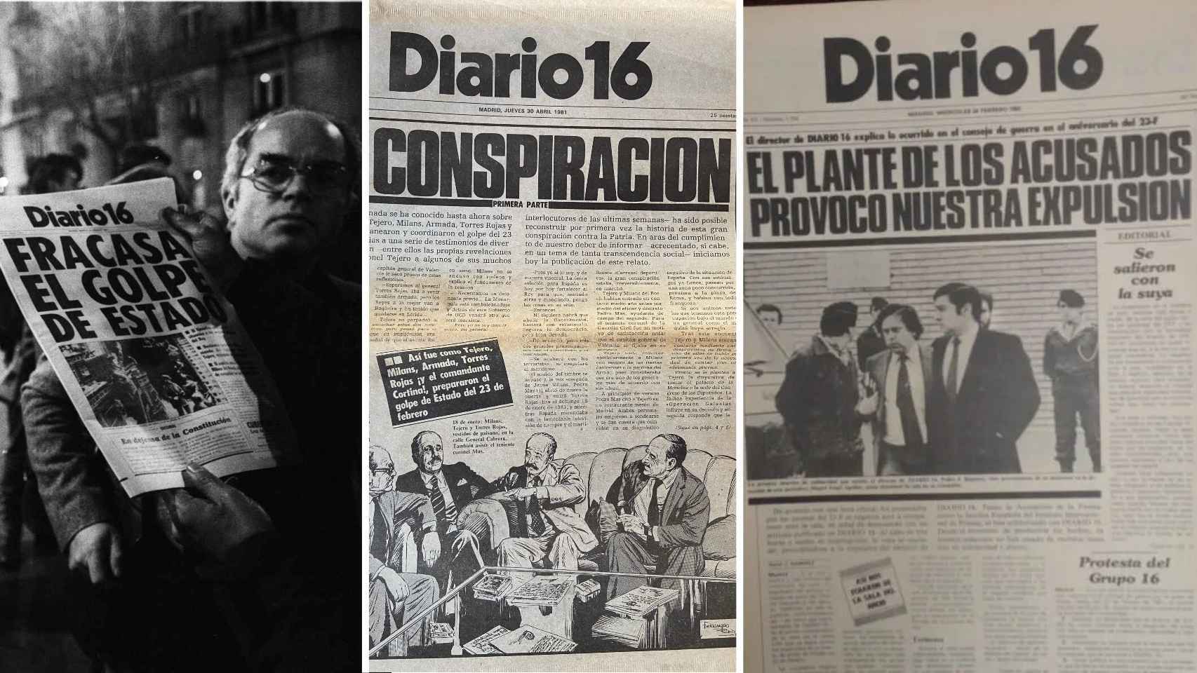 Tres portadas de 'Diario 16' en relación al golpe de Estado del 23-F.