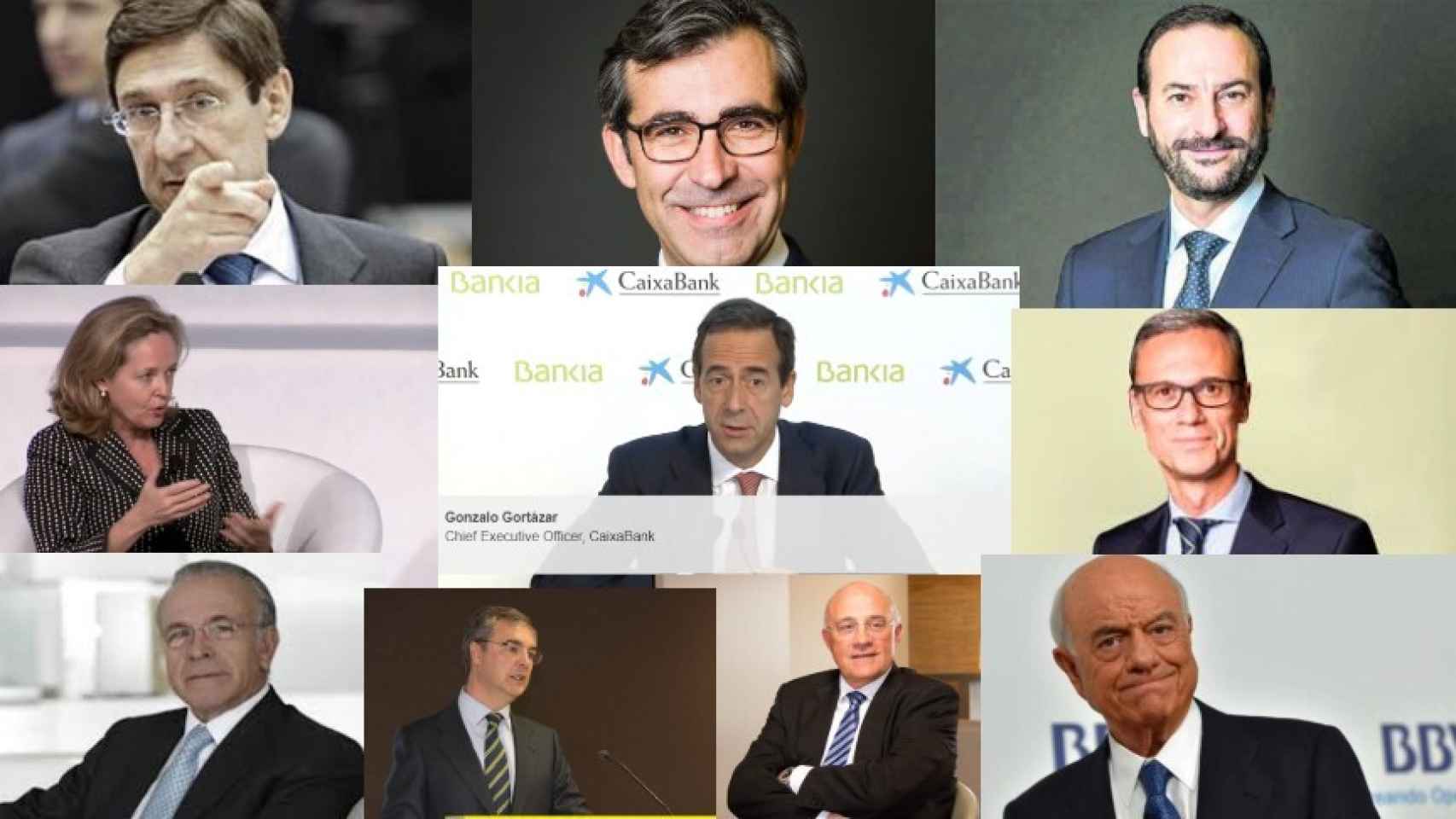 J. I. Goirigolzarri, E. Solla, D. López, N. Calviño, G. Gortázar, M. Galarza, I. Fainé, J. Sevilla, J. Oliu y FG.