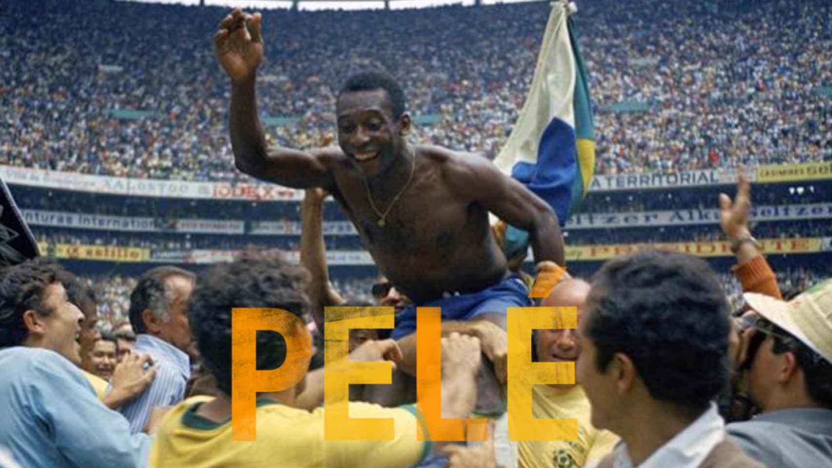 Pelé celebrando el Mundial de fútbol de 1970 en el Estadio Azteca y las letras del documental de Netflix, en un fotomontaje