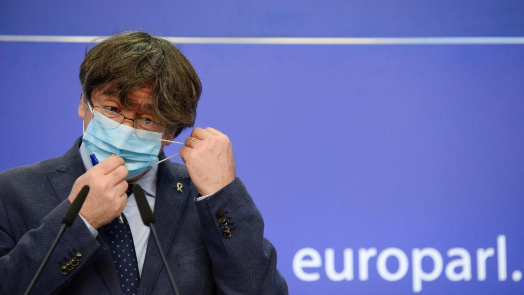 Carles Puigdemont, durante la rueda de prensa que ha dado este miércoles en la Eurocámara