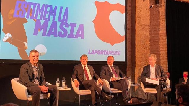 Jordi Mompart, Joan Laporta, Xavi Budo y Rafa Yuste en la presentación del proyecto deportivo de la candidatura Estimem el Barça. Foto: Twitter (@estimemelbarca)