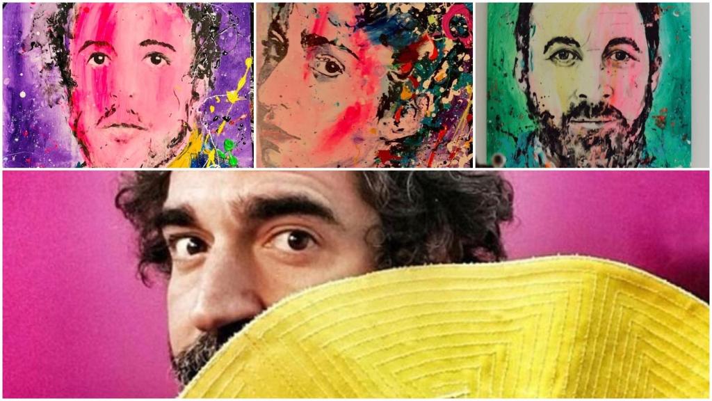 El artista David Partida con tres de sus obras: Álex Lequio, Alba Flores y Santiago Abascal.