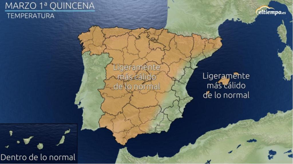 Anomalías de temperaturas previstas para marzo de 2021. Eltiempo.es.