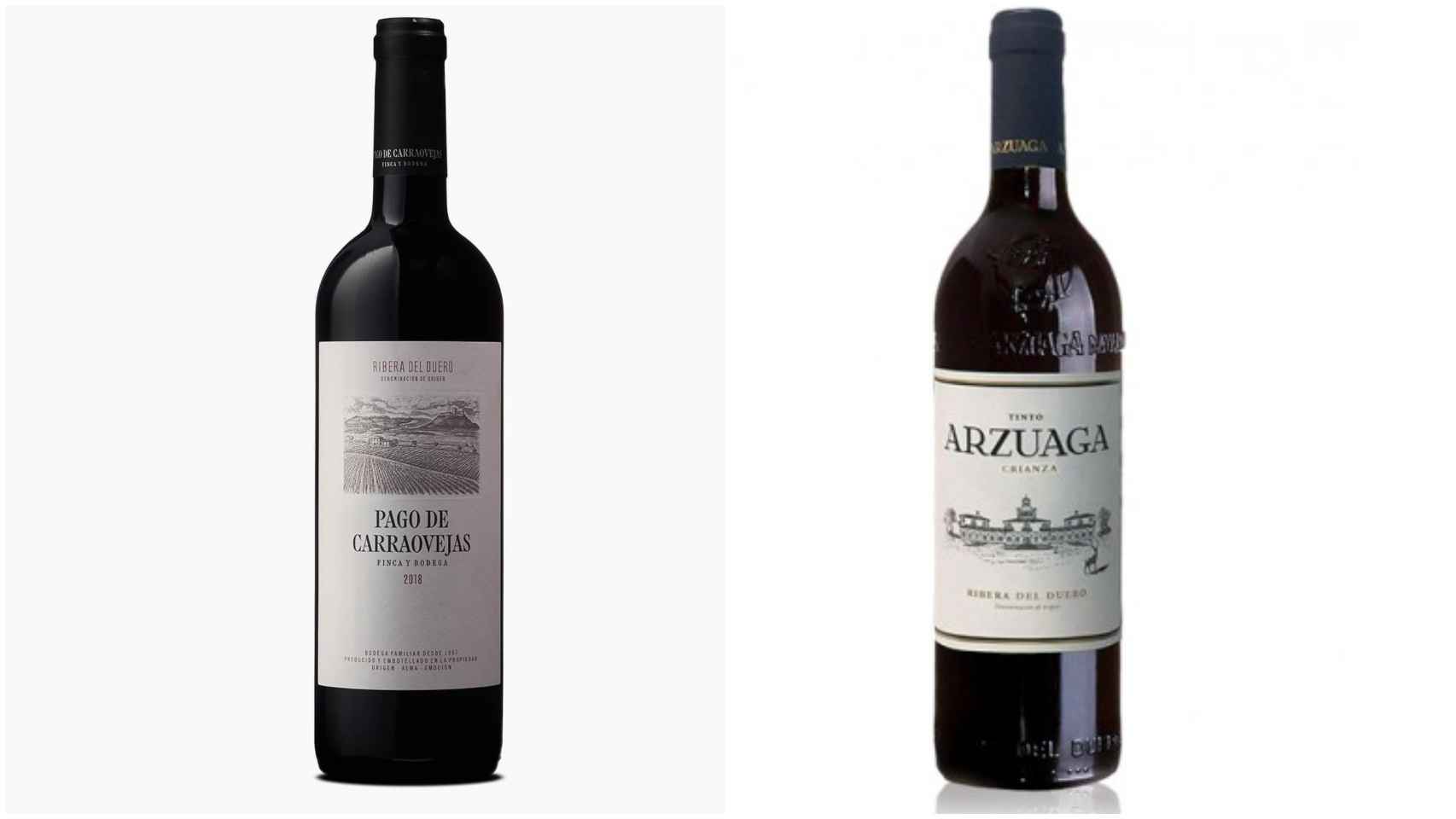 A la izquierda, el Pago de Carrovejas y, a la derecha, el Arzuaga, dos vinos que le gustan a Carlos Sobera.