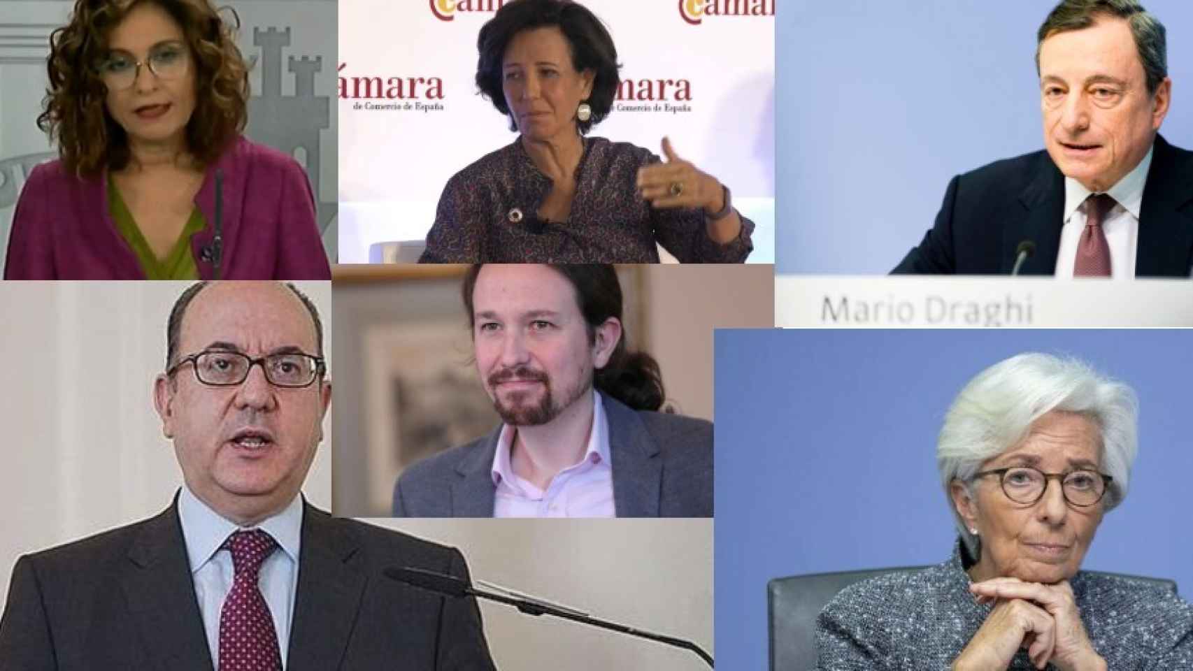 María Jesús Montero, Ana Botín, Mario Draghi, José María Roldán, Pablo Iglesias y Christine Lagarde.