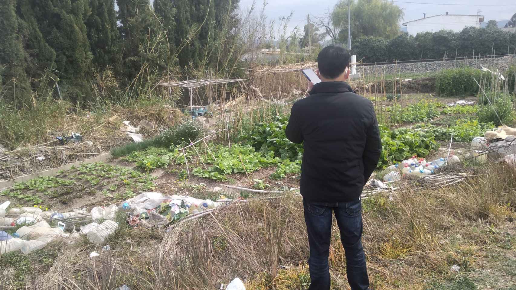 Uno de los comerciantes chinos supervisando la producción del 'huerto okupa'.