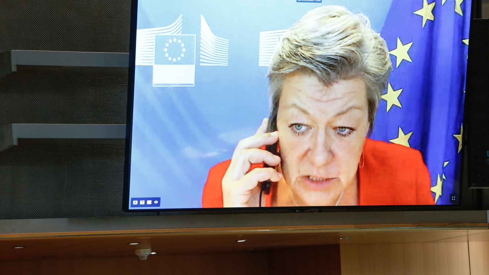 La comisaria de Interior, Ilva Johansson, durante su comparecencia virtual este lunes en la Eurocámara