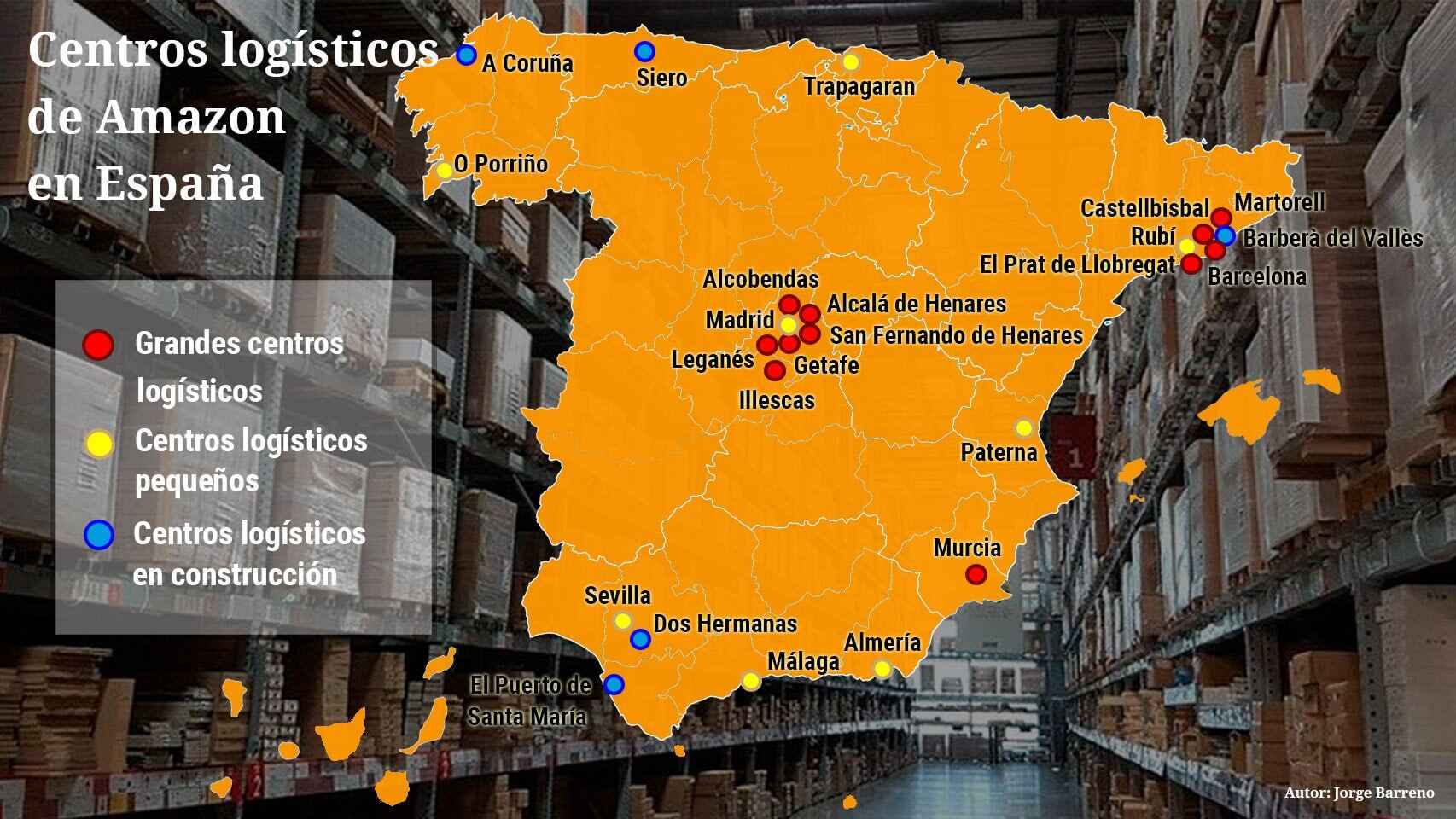 Mapa de los centros logísticos de Amazon en España.