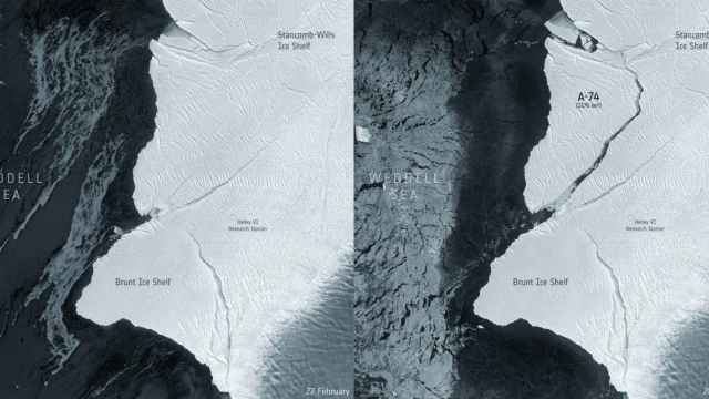 Imágenes captadas el 22 y 28 de febrero por el satélite europeo Sentinel-1, donde se aprecia el desprendimiento del iceberg A-74.