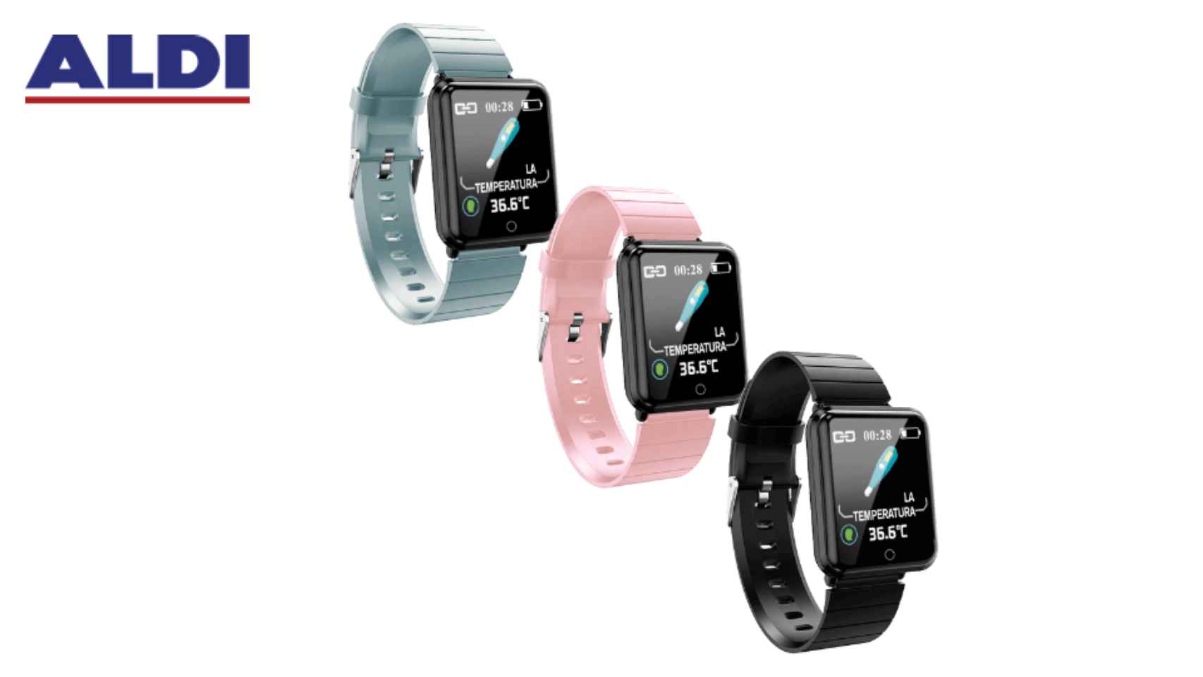 La pulsera inteligente de Aldi estará disponible en tres colores.