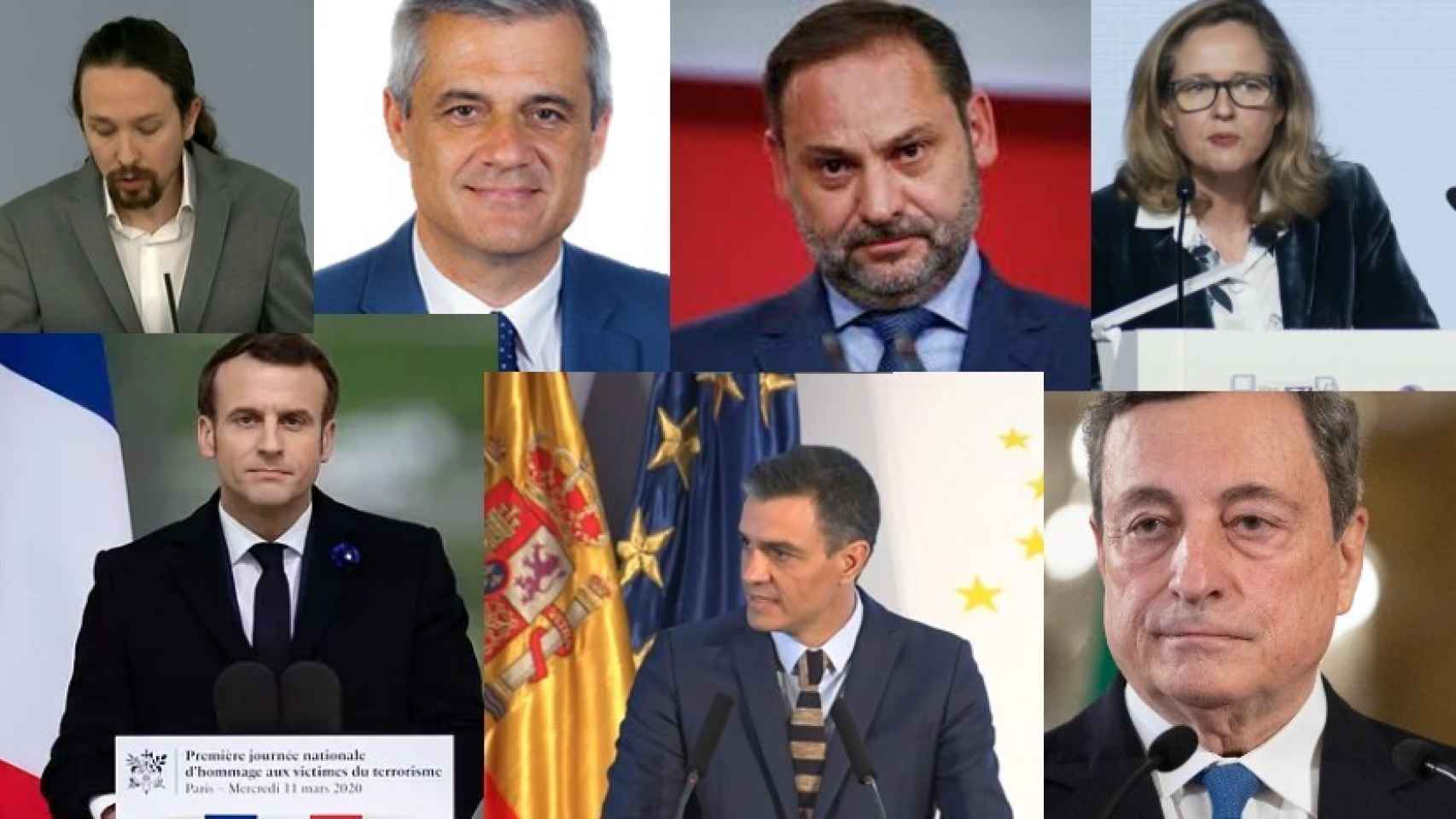 Pablo Iglesias, David Lucas, José Luis Ábalos, Nadia Calviño, Emmanuel Macron, Pedro Sánchez y Mario Draghi.