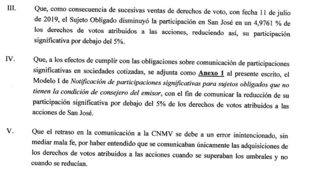 Extracto del documento enviado a la CNMV al que ha tenido acceso Invertia.