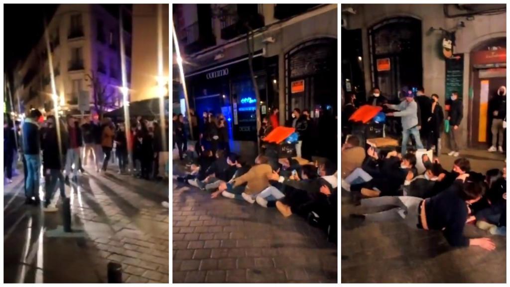 Tres imágenes del vídeo de un grupo de jóvenes incumpliendo las medidas anti Covid en Madrid.