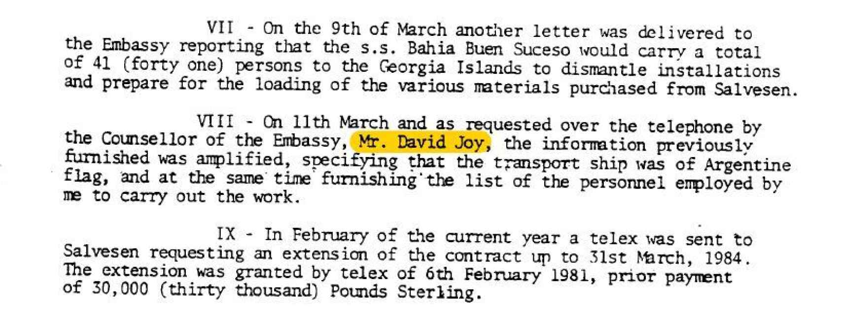 David Joy, abuelo de Anya Taylor-Joy, en un documento desclasificado del Gobierno británico previo a la Guerra de las Malvinas.