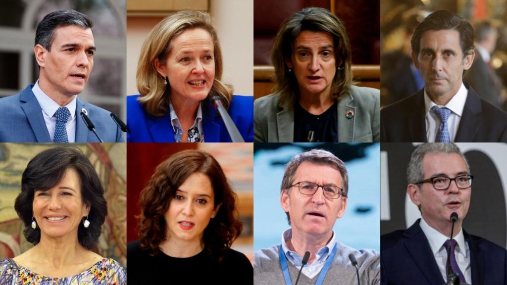 De arriba abajo y de izda. a dcha: Pedro Sánchez, Nadia Calviño, Teresa Ribera, Álvarez Pallete, Ana Botín, Isabel Díaz Ayuso, Alberto Núñez Feijóo y Pablo Isla.