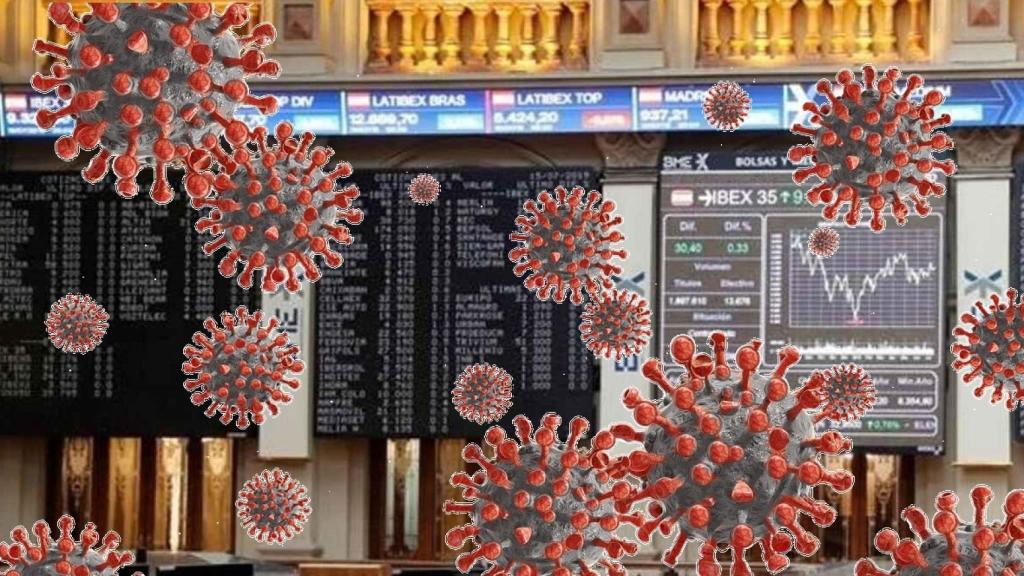 Montaje con estructuras de coronavirus en el interior de la Bolsa de Madrid.