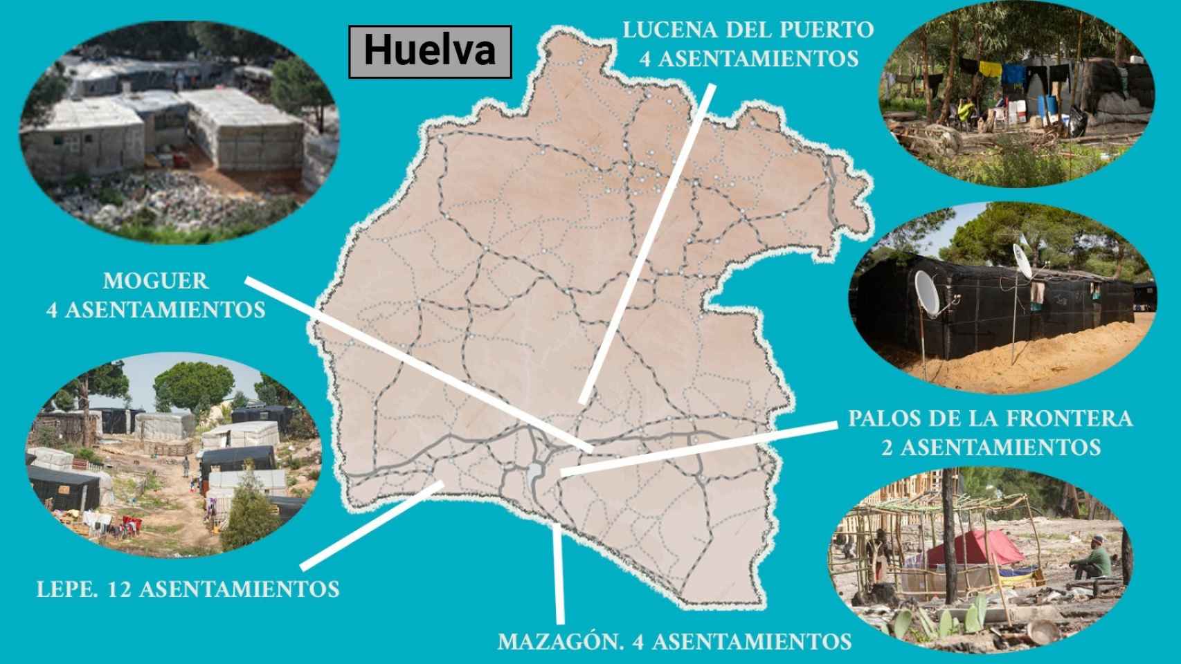 El mapa de los asentamientos en la provincia de Huelva.