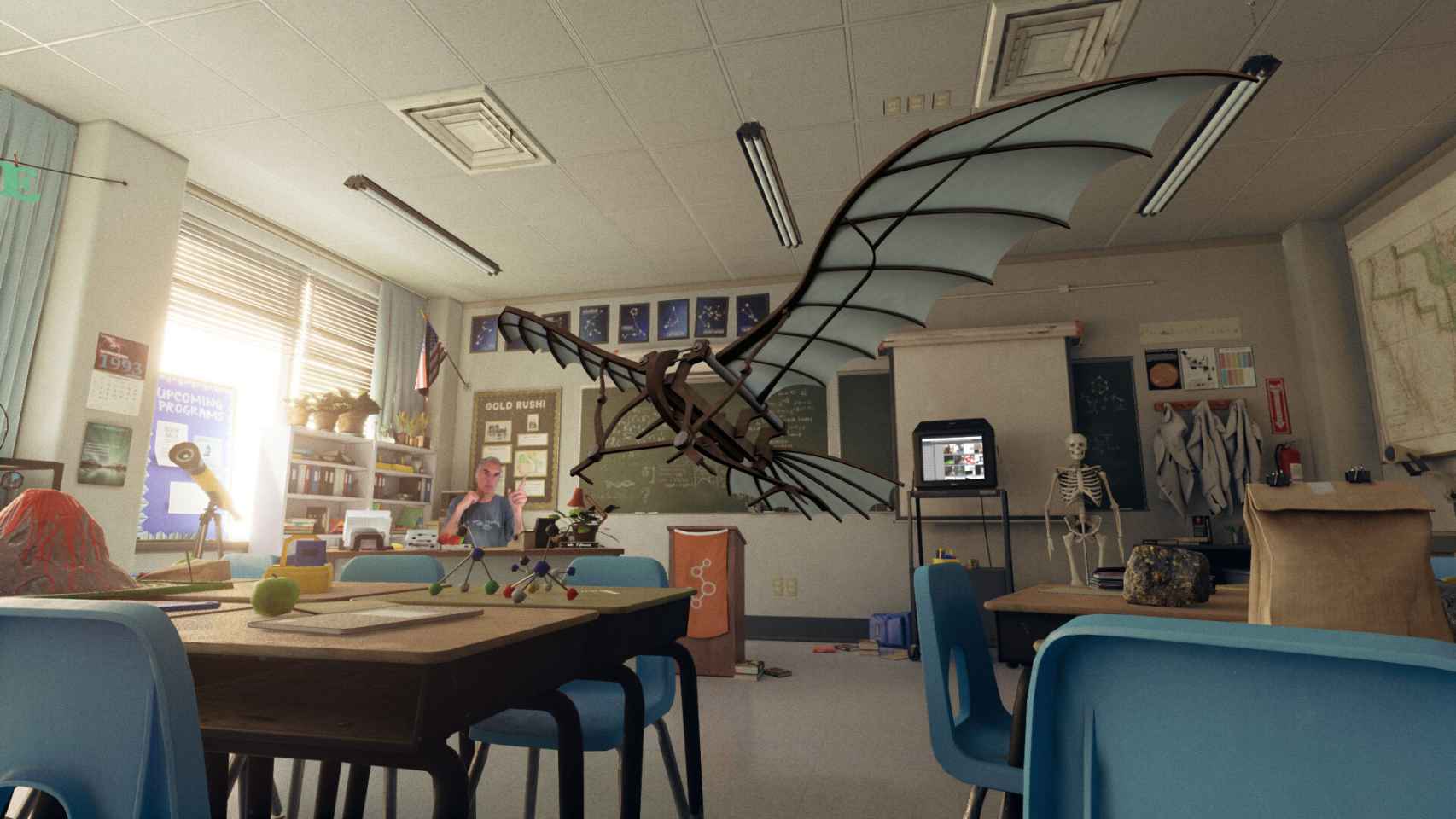 Ricardo Montesa, CEO de Brainstorm, convierte su despacho en el aula de una escuela con sus pupitres.