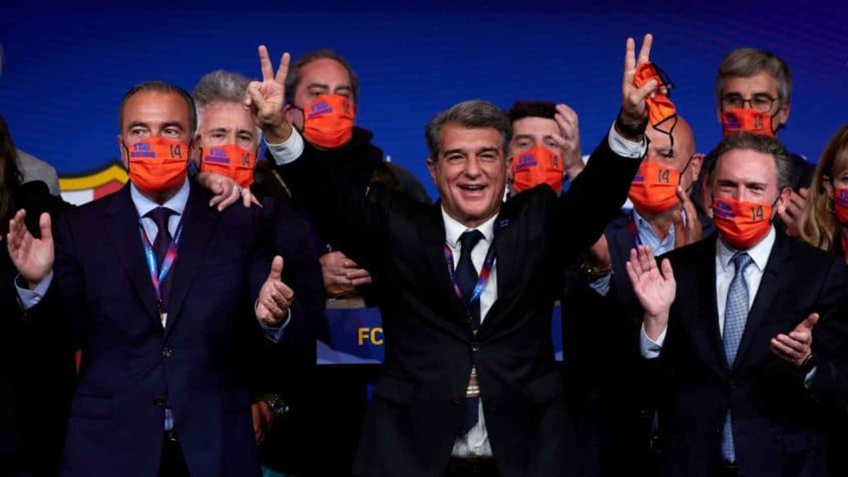 Rafa Yuste, Joan Laporta y Jaume Giró celebrando la victoria en las elecciones