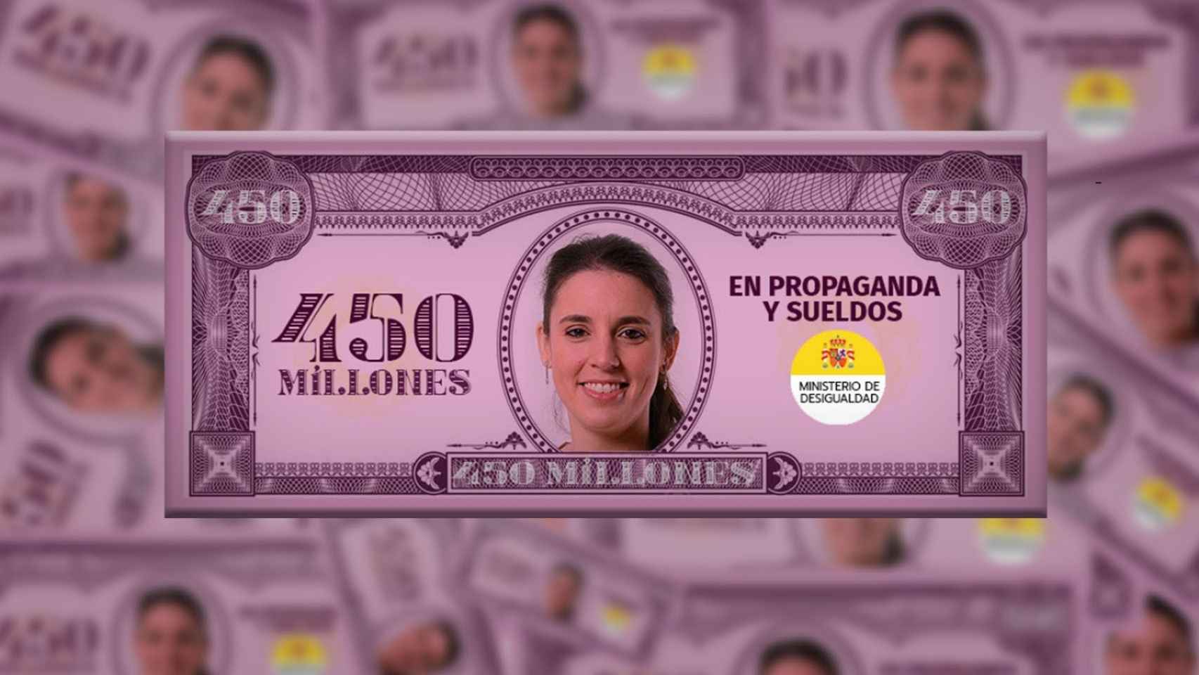 Así son los billetes que ha repartido Frente Obrero con la cara de Irene Montero.