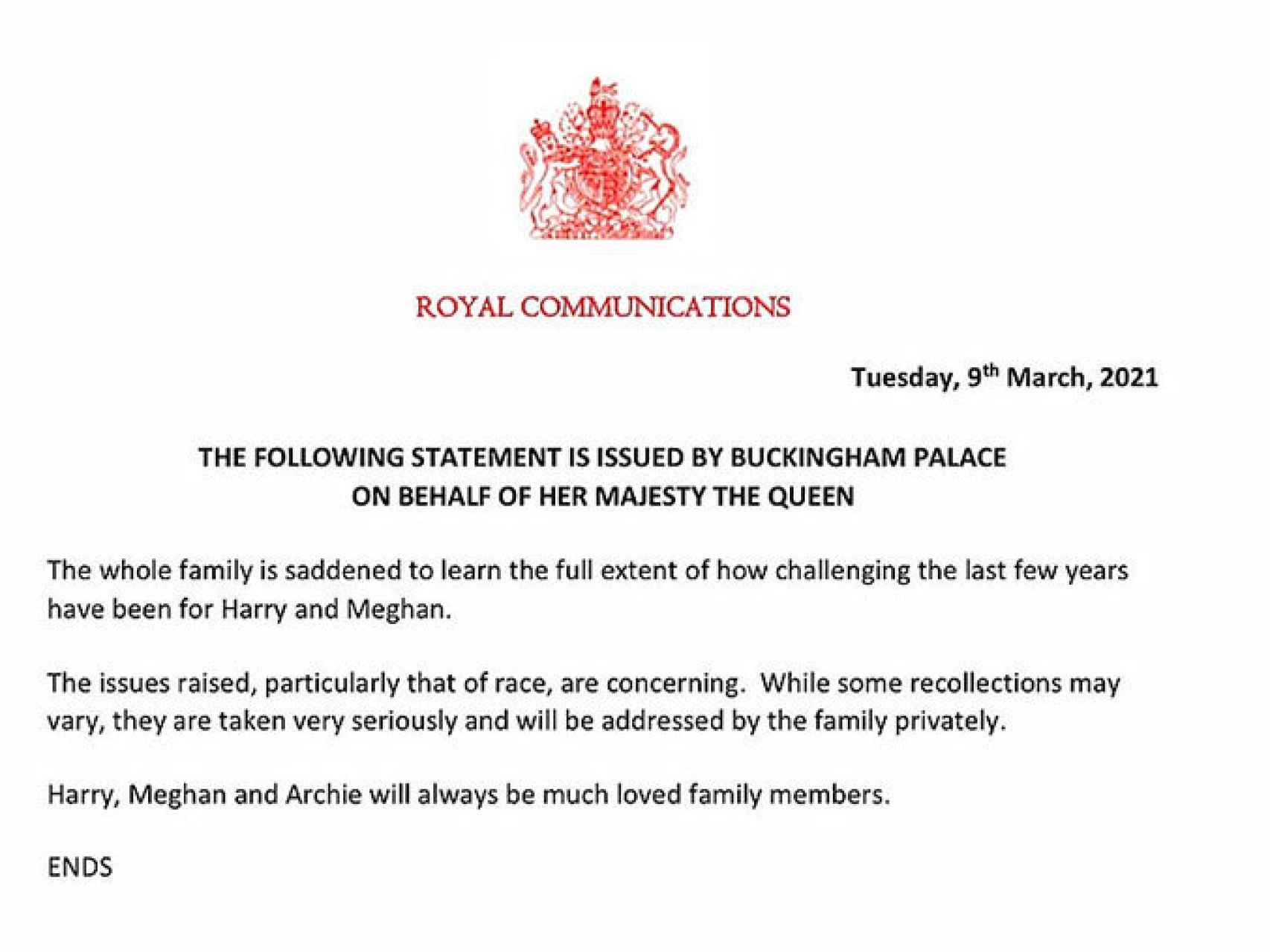 Comunicado del palacio de Buckingham firmado por la reina Isabel II.