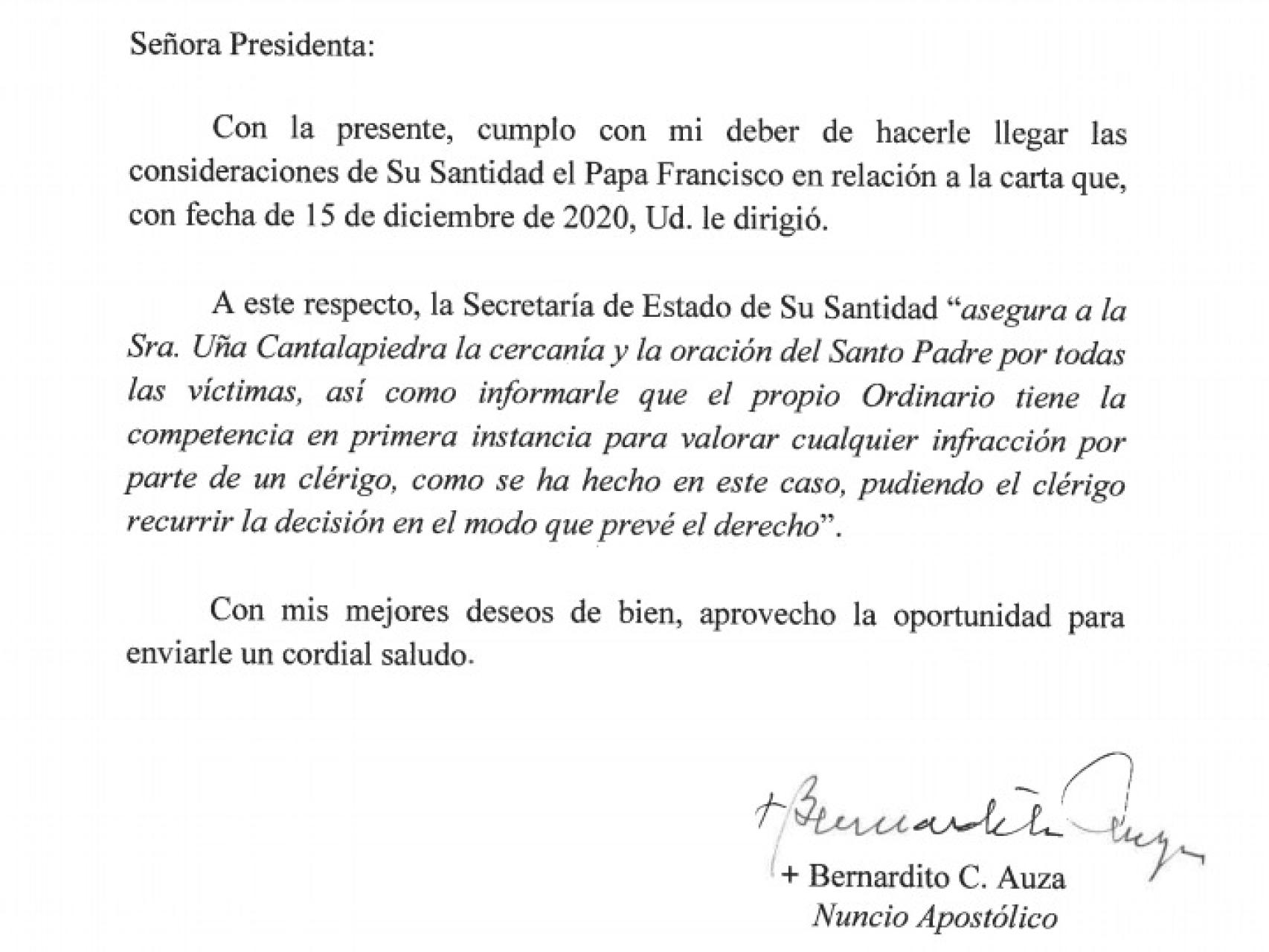 La carta de respuesta emitida desde la Santa Sede.