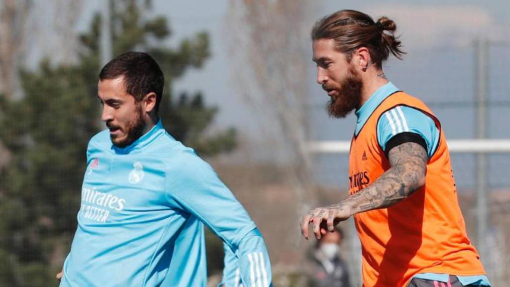 Eden Hazard y Sergio Ramos, en el último entrenamiento