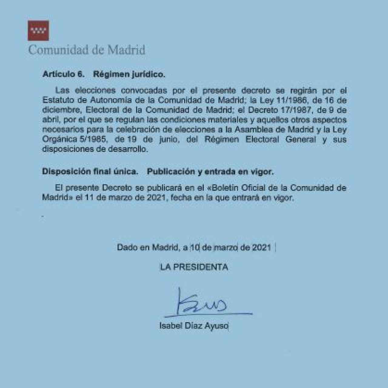 Decreto de convocatoria firmado este miércoles por Díaz Ayuso./