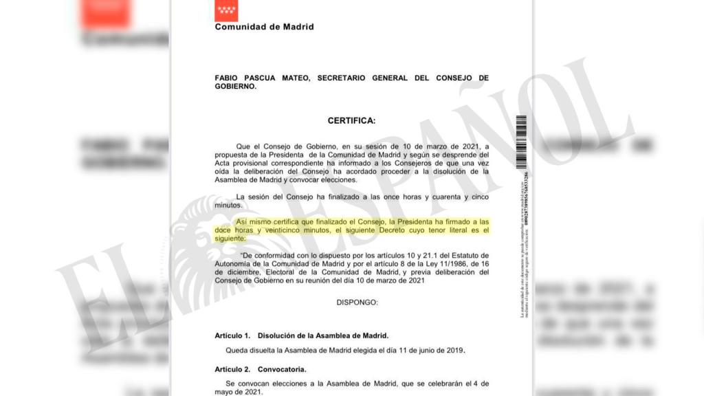 Documento que certifica que Ayuso firmó la disolución de la Asamblea a las 12.25 horas.