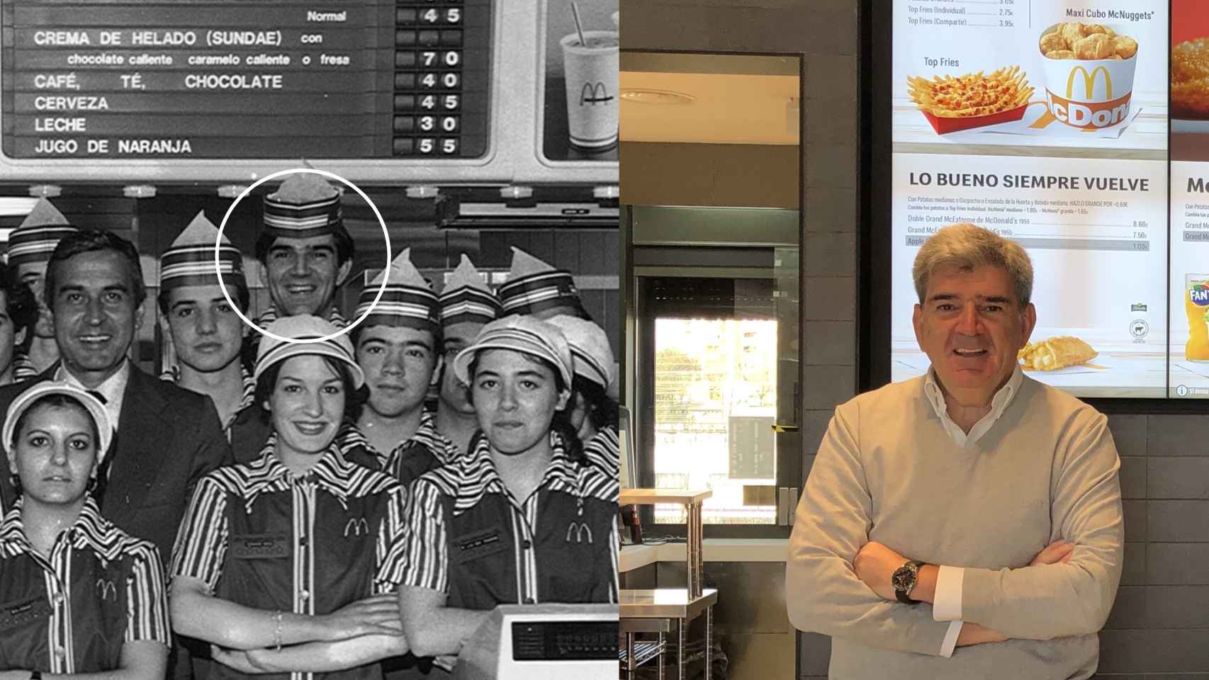 Manuel Parra, uno de los empleados que abrieron el primer McDonald's en 1981, antes y en la actualidad.