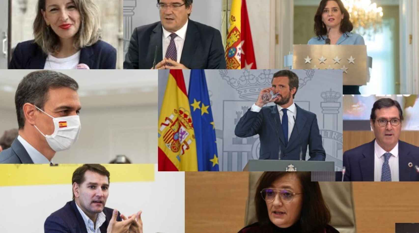 Yolanda Díaz, José Luis Escrivá, Isabel Díaz-Ayuso, Pedro Sánchez, Pablo Casado, Antonio Garamendi, Manuel de la Rocha y Cristina Herrero.