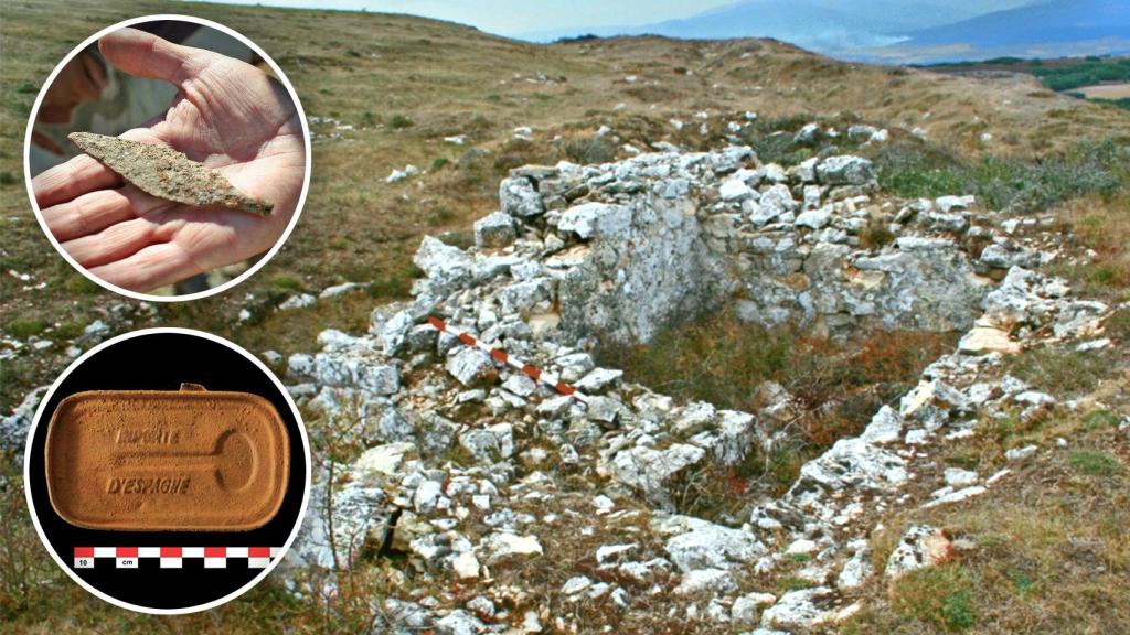 Punta de una jabalina romana y lata de la Guerra Civil halladas en Monte Bernorio, y los restos del parapeto de la muerte.