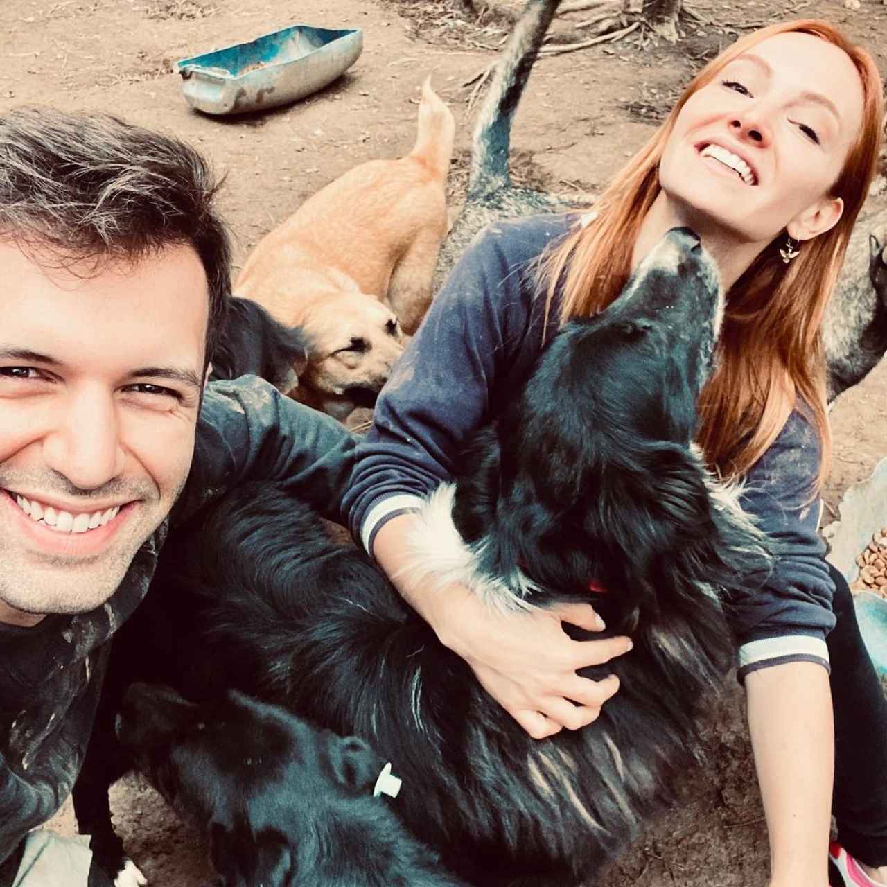 Ambos actores de 'Love is in the air' en una imagen junto a los perros del refugio que visitaron el pasado otoño.