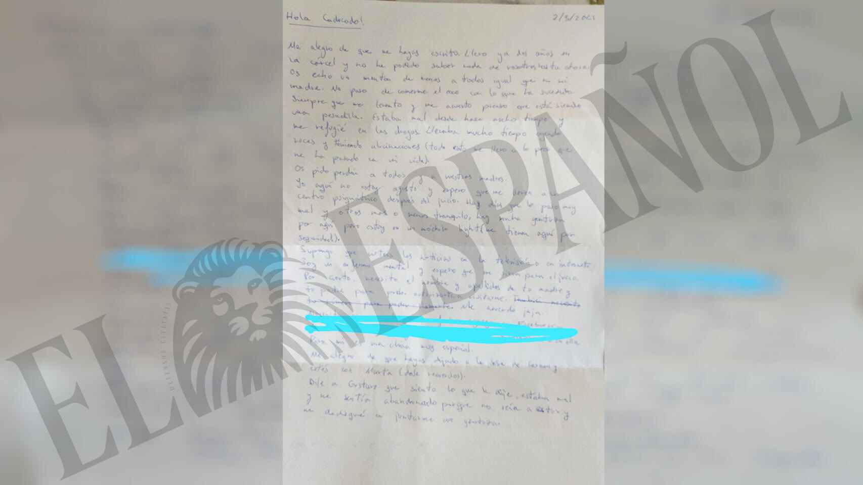 Una de las cartas enviadas por el presunto parricida a un amigo el pasado 2 de marzo de 2021.