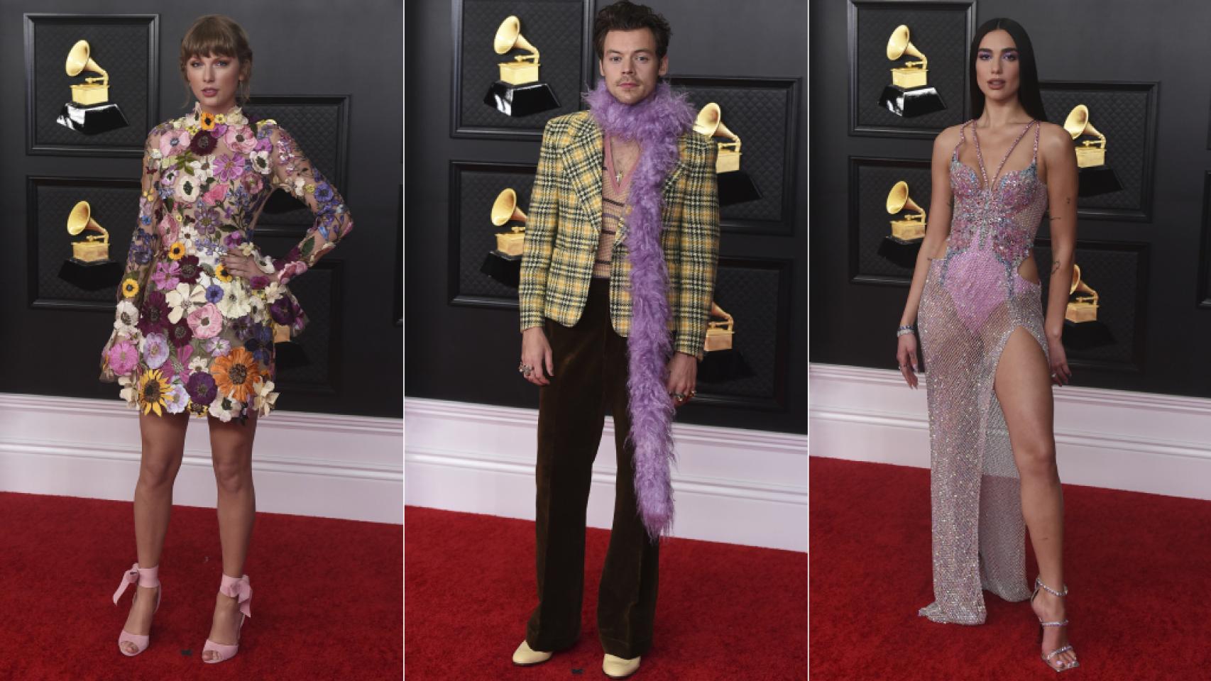 Taylor Swift, Harry Styles y Dua Lipa, en la alfombra roja de los Premios Gramy 2021.
