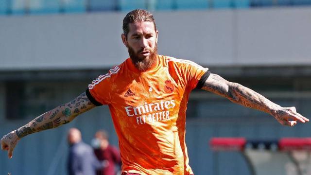 Sergio Ramos, durante un entrenamiento previo a la Champions League del Real Madrid