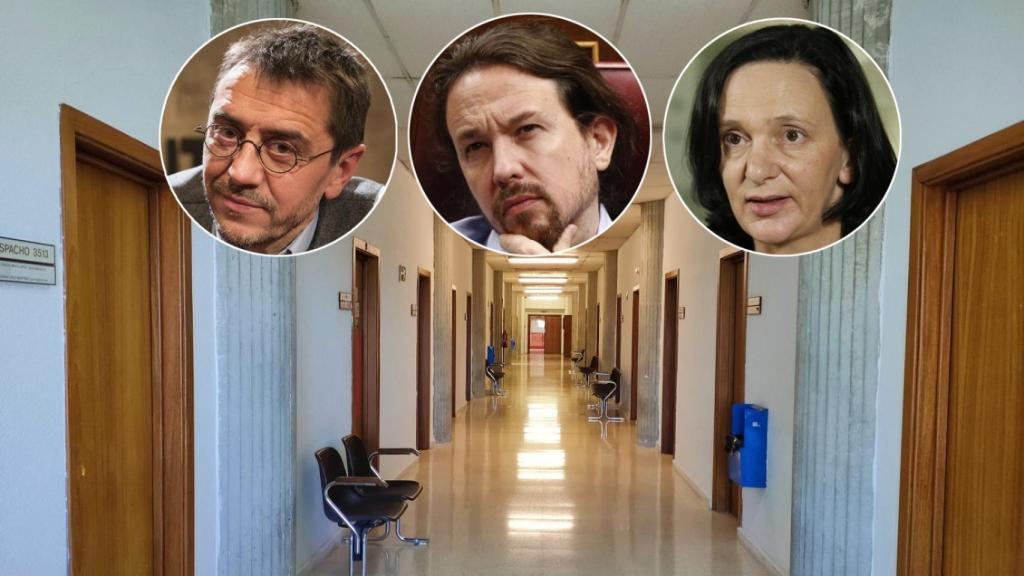 Juan Carlos Monedero, Pablo Iglesias y Carolina Bescansa. De fondo, el pasillo de la Facultad de Ciencias políticas de la UCM donde tenía su despacho el vicepresidente.