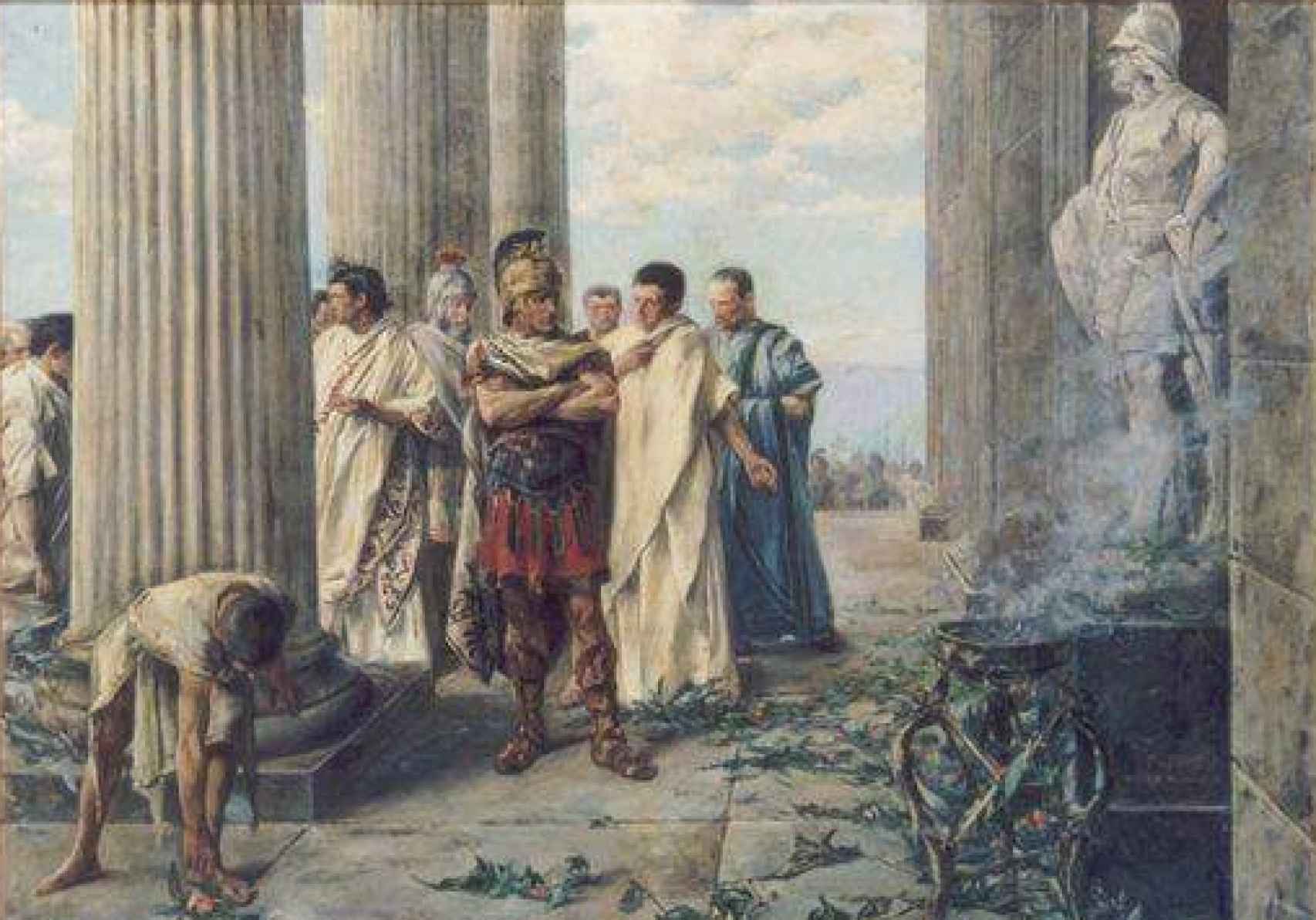 Julio César ante la estatua de Alejandro Magno en el Templo de Hércules.