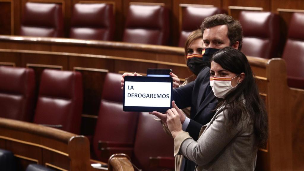 El portavoz parlamentario de Vox, Iván Espinosa de los Monteros y la portavoz adjunta de Vox en el Congreso, Macarena Olona, durante el debate de la ley en el Congreso.