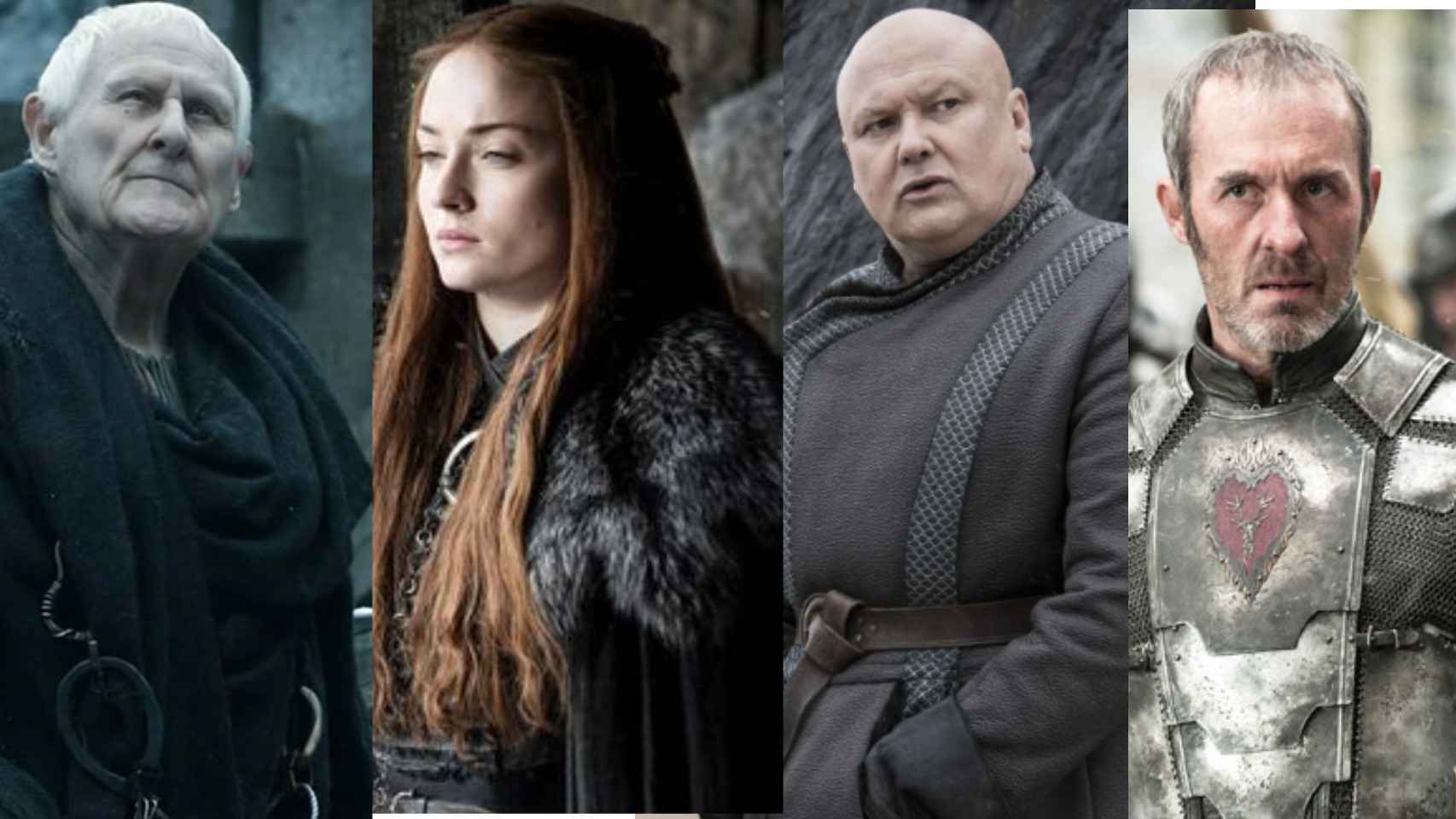 De izquierda a derecha: Mestre Aemon, Sansa Stark, Varys y Stannis Baratheon.
