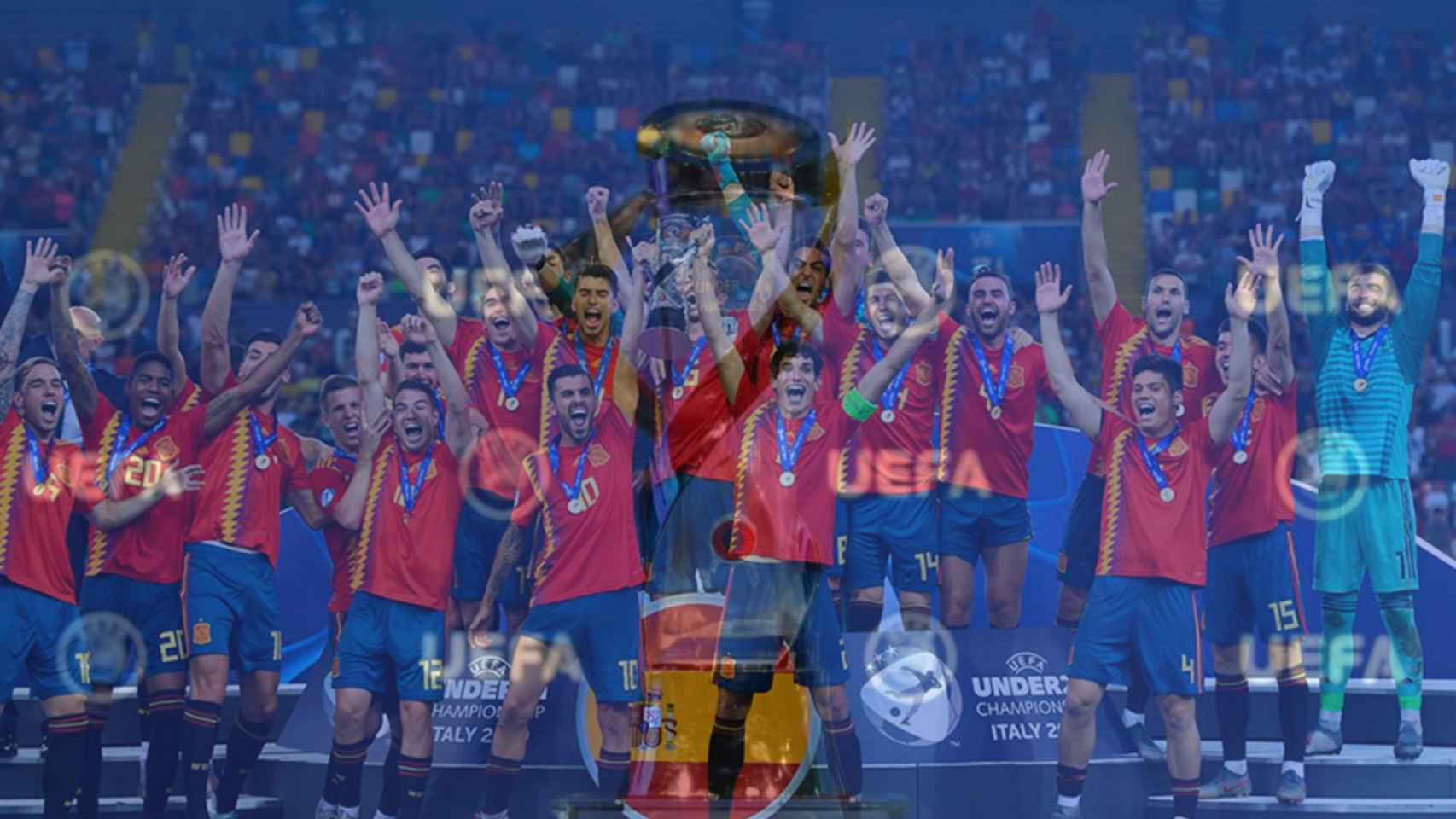 La selección que consiguió el Europeo sub21 de 2019 y el título, en un fotomontaje