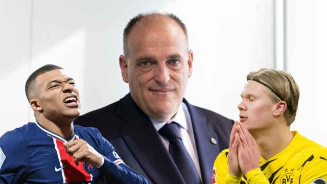 Kylian Mbappé, Javier Tebas y Erling Haaland, en un fotomontaje