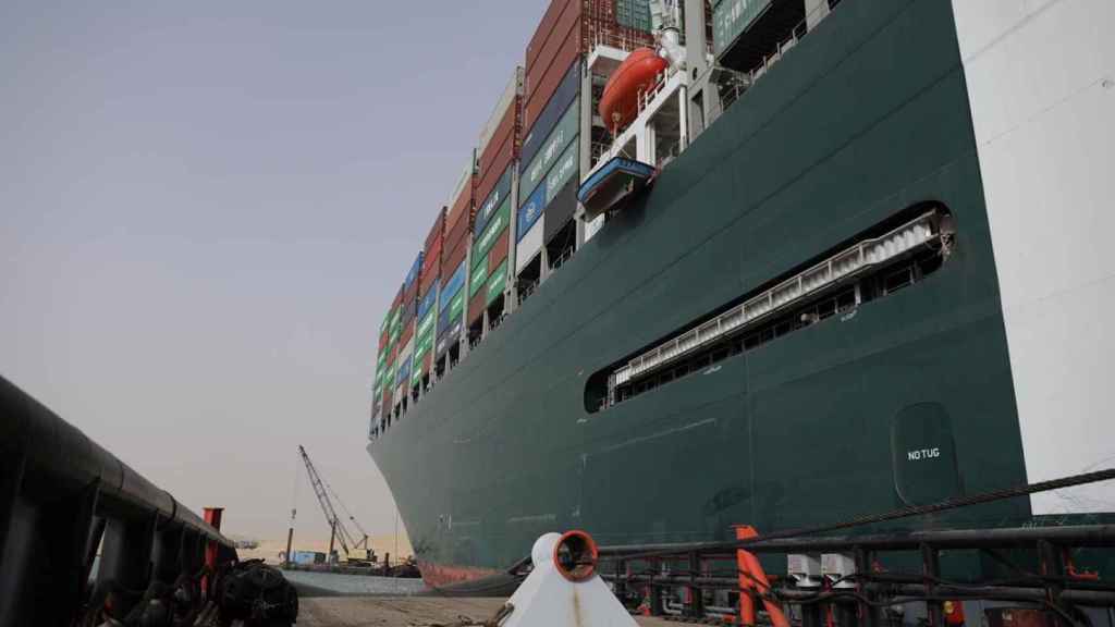 Stranded container ship Ever Given, one of the world's largest container ships, is seen after it ran aground, in Suez Canal