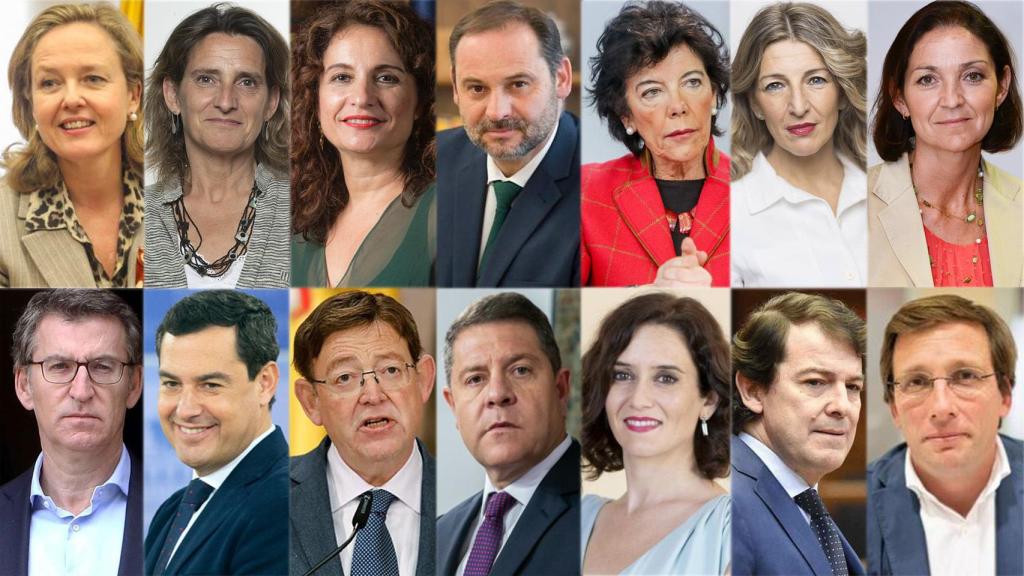 De izquierda a derecha y de arriba abajo: Nadia Calviño, Teresa Ribera, María Jesús Montero, José Luis Ábalos, Isabel Celaá, Yolanda Díaz, Reyes Maroto, Alberto Núñez Feijóo, Juan Manuel Moreno Bonilla, Ximo Puig, Emiliano García-Page, Isabel Díaz Ayuso, Alfonso Fernández Mañueco y José Luis Martínez-Almeida.