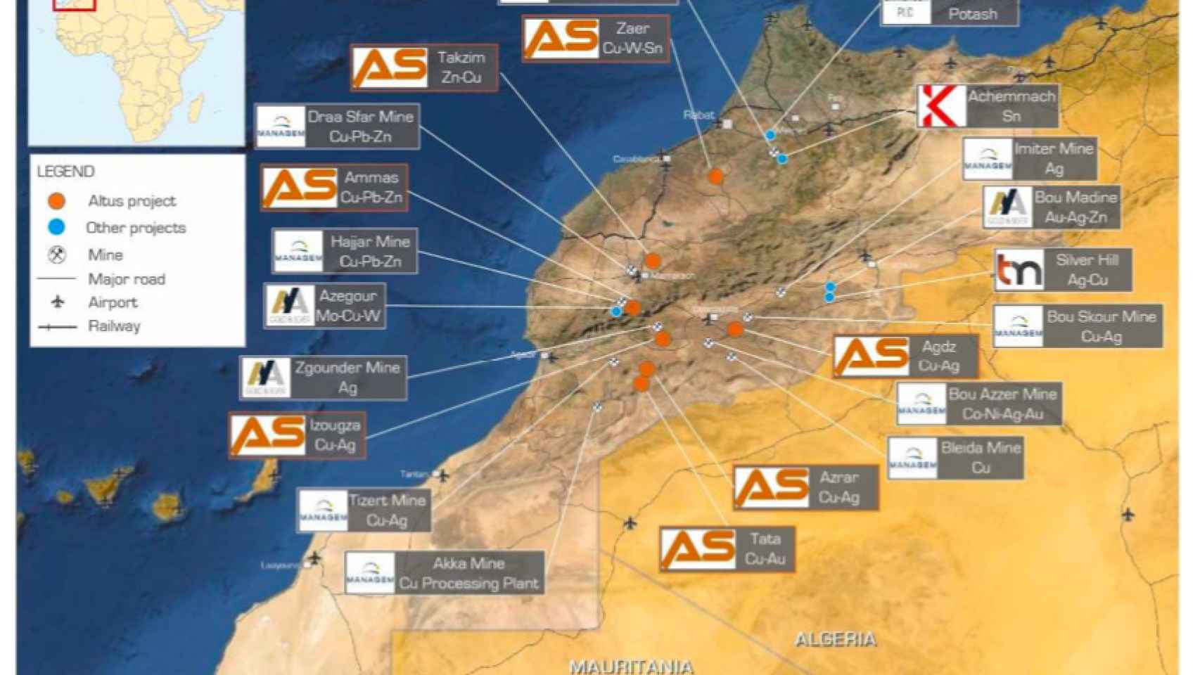 Proyectos del grupo minero británico Altus para explotar plata y cobre en Marruecos.