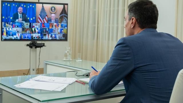 Pedro Sánchez, durante la videocumbre de los líderes de la UE con Joe Biden el pasado jueves