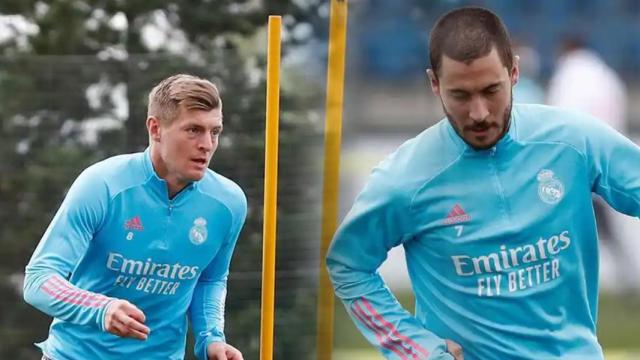 Toni Kroos y Eden Hazard, en un fotomontaje entrenando