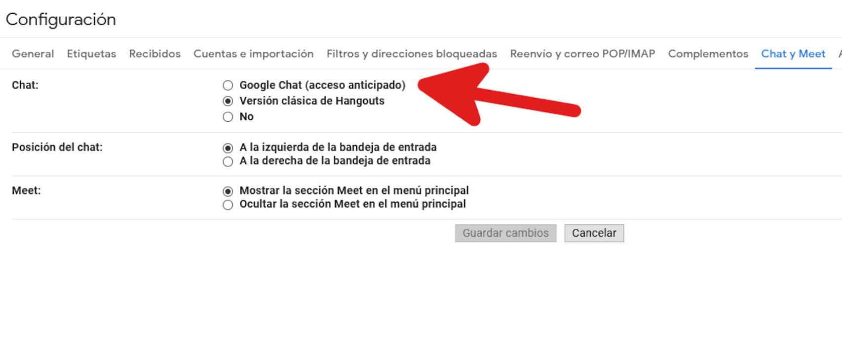 Opción para activar Google Chat en Gmail