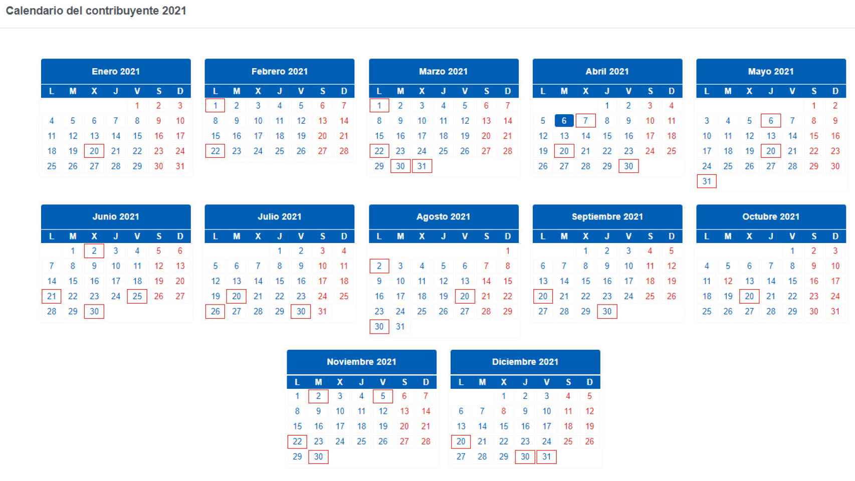 Calendario del contribuyente 2021